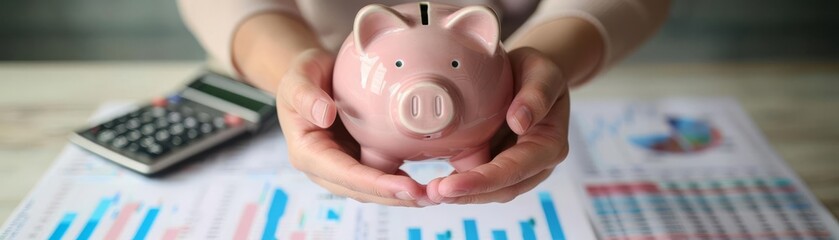 closeup of hands holding a piggy bank, with financial charts and calculators in the backdrop, emphas