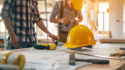 Hard hats and blueprints on a busy construction site