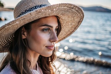 Wall Mural - Summer vacation on the beach, Close-up of a beautiful woman in a straw hat. Summer time. Rest and vacation, a place to copy.