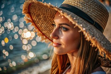 Wall Mural - Summer vacation on the beach, Close-up of a beautiful woman in a straw hat. Summer time. Rest and vacation, a place to copy.