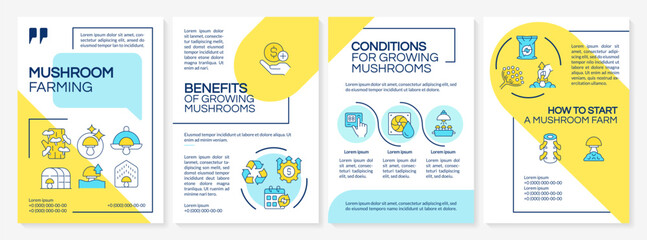 Wall Mural - Mushroom farming yellow and blue brochure template. Benefits. Leaflet design with linear icons. Editable 4 vector layouts for presentation, annual reports. Questrial, Lato-Regular fonts used