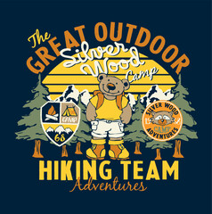 Wall Mural - The great outdoor cute cartoon bear hiking team vector print for children kid wear t shirt with vintage embroidery patches applique