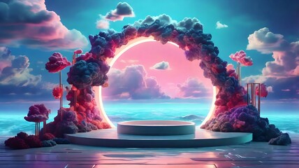 Wall Mural - A fantasy landscape with neon accents of floating islands and a catwalk in the middle,creates a dreamy surreal image