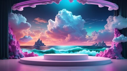 Wall Mural - A stage with a minimalist white podium against a backdrop of stylized clouds and a neon arch, evoking a dreamlike atmosphere