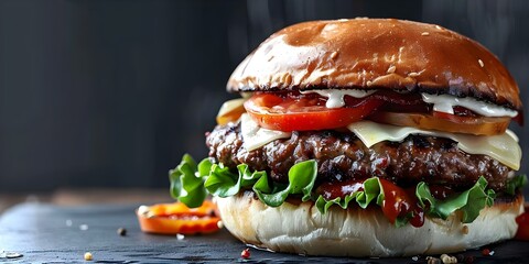 Wall Mural - Closeup of a delicious juicy burger on a black background. Concept Food Photography, Closeup Shots, Burger, Juicy, Black Background