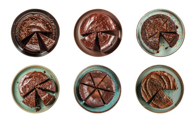 Wall Mural - Collection slice of chocolate cake on a plate isolated on a transparent background, top view, cut out, PNG