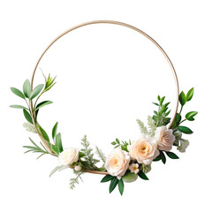 Wall Mural - Wreath with beige rose. Floral design decor for greeting or wedding card. Round frame made of branches.