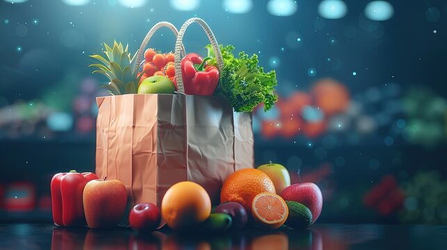 Futuristic 3d paper bag groceries with fruits and vegetables in dark blue background 