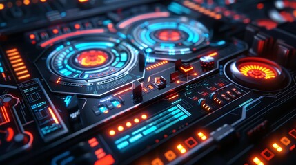 Poster - A closeup shot showcases a futuristic interface display, vividly illuminated with vibrant and dynamic colors