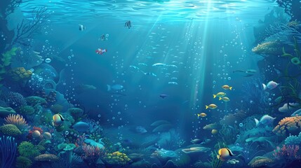 Wall Mural - Ocean underwater vector background with fish