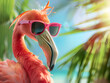 © Ely_PhotoStyle - portrait of a pink flamingo wearing pink glasses with palm trees in the background on a sunny day