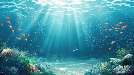 Wall Mural - Ocean underwater vector background with fish