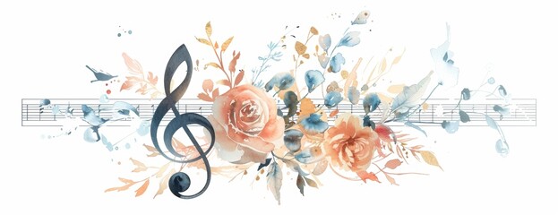 Wall Mural - A beautiful musical note with colorful floral elements on a white background without borders.