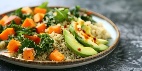 Wall Mural - Warm vegetarian salad with quinoa avocado and sweet potatoes on a plate. Concept Vegetarian Recipe, Healthy Eating, Quinoa Salad, Avocado Dish, Sweet Potato Recipe