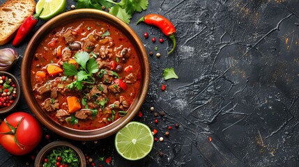 Canvas Print - Chili beef soup photographed from above in a flat lay style Copy space image Place for adding text