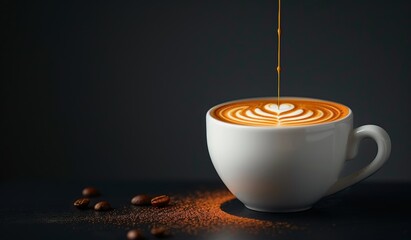 Sticker - A Close Up View of a Latte With Leaf Art on a Black Table