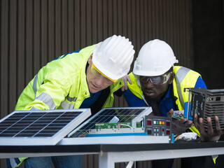 Two professional solar cell engineers wearing safety vest and hardhat are testing the photovoltaic cells module. The technician checks the maintenance of the solar panels...