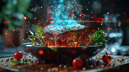 Wall Mural - bowl beef with a digital holographic flying around