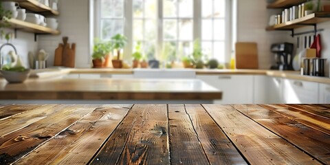 Wall Mural - Blurred white kitchen background with empty wooden table and counter. Concept Kitchen Decor, Minimalist Design, White Background, Wooden Table, Countertop