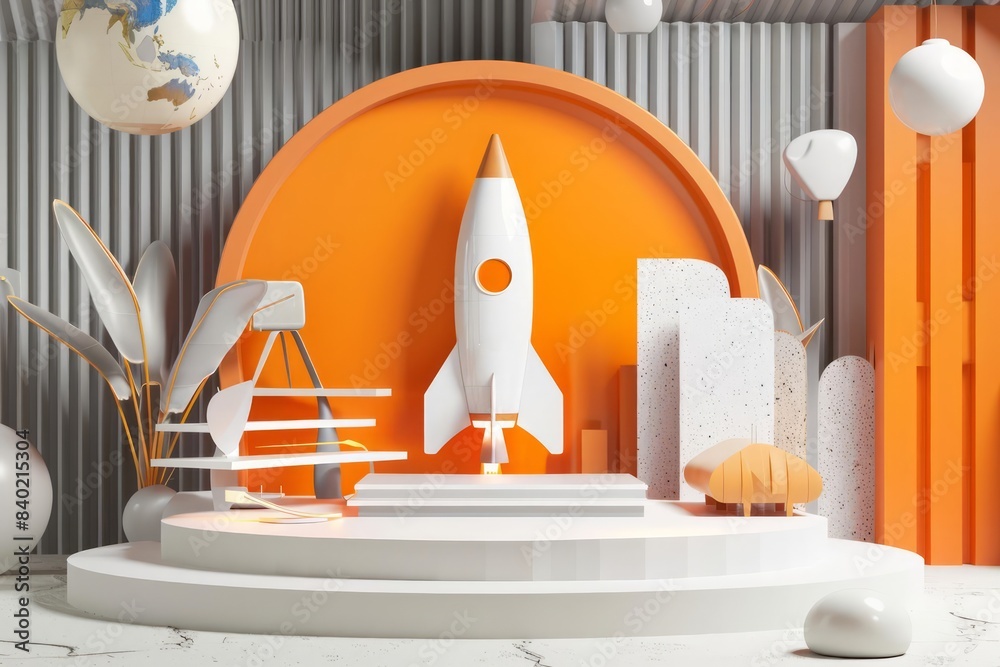 This modern set design includes intricate details of a rocket and a ...