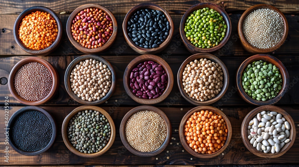 All kinds of different types of beans in simple pots on a wooden table ...