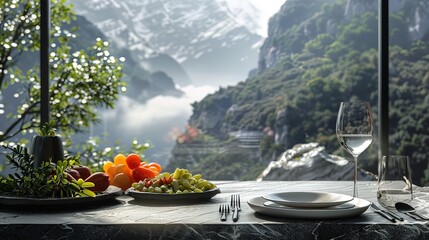 A serene setting showcasing a balanced meal with a focus on mindful eating, featuring nutritious foods that promote a healthy diet and lifestyle 
