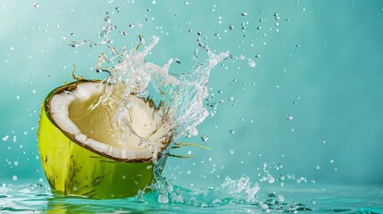 Wall Mural - coconut splash in water on blue background