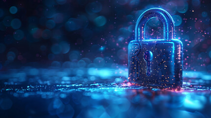 3D digital modern padlock with virtual screen on blue background with copy space