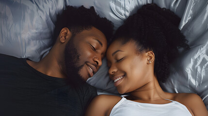 Wall Mural - Black couple and eye contact in bed with romance for love with tender, embrace and care in morning with smile. Dating, relationship and relaxing with passion for partner with comfort or waking up.
