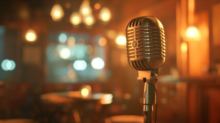 Wall Mural - Retro Microphone in Dimly Lit Bar with Bokeh Lights