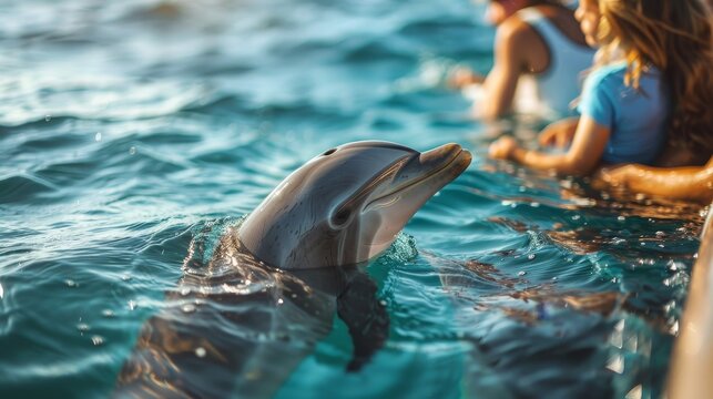 A playful dolphin peers up from the water, looking at people swimming nearby, summer vacation.