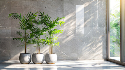 Wall Mural - Three Indoor Potted Plants in Modern Minimalist Home with Large Windows and Sunlight Streaming In Interior Design Trend Greenery Decor