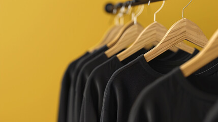 Wall Mural - Black cotton crew neck shirts on a rack, providing a simple mockup for fashion designers