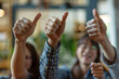© john - Thumbs up, teamwork and hands of business people in office for feedback, good news and agreement. Corporate, professional and men and women with gesture for thank you, support and collaboration