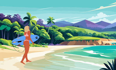 Wall Mural - Woman surfer walking along tropical beach with surfboard. Blond Girl in bikini going to surfing on summer holiday. Active lifestyle at sea resort on seaside sport vacation. Flat vector illustration.