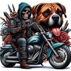 Wall Mural - A skeleton on a motorcycle with a dog design graphic creative.