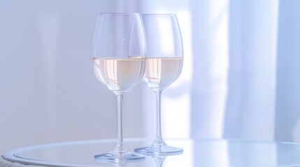 Two wine glasses on table with sheer curtain in background, clink beverage holiday