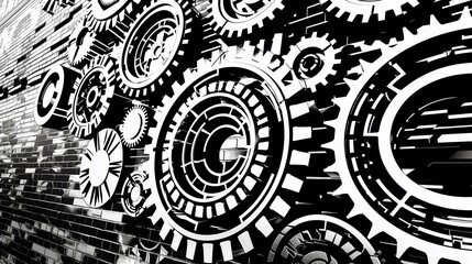 Black white conceptual interlocking gears idea teamwork cooperation, durability torque technology gear