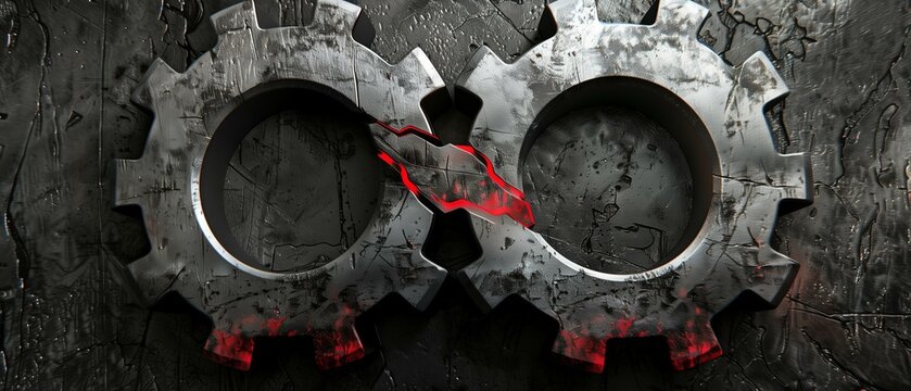 Conceptual representation two interlocking rusty metal gears with glowing red cracks on dark background, manufacturing technology power