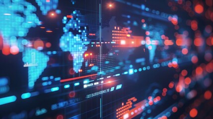 Poster - A digital world map with red and blue lights, along with code and data displayed on a screen.