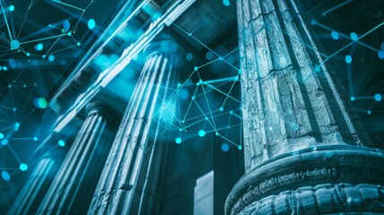 Poster - A low-angle view of stone columns in a building at night, with a glowing blue digital network connecting them.