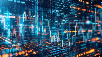 Poster - A digital visualization of financial data with charts, numbers, and lines displayed on a screen.