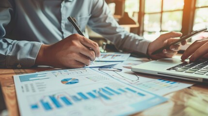 Poster - A close-up image of a persons hands working on financial data, using a pen and laptop.