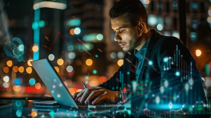 Poster - A man sits at a table in a city at night, working on his laptop. Data visualizations appear overlaid on the scene.
