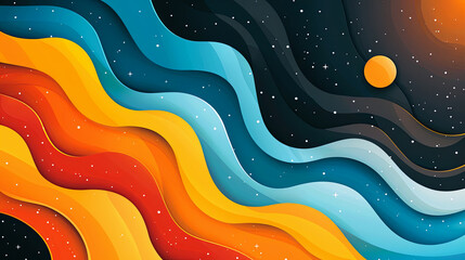 Poster - Abstract, Colorful, Wavy, Layered Background with Stars and Planets - Perfect for Modern and Creative Designs.