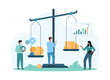 © Iconic Prototype - Money and idea balance, financial analysis of value and profit of project or purchase for investor. Tiny people weigh coins and light bulbs on seesaw scales, compare price cartoon vector illustration