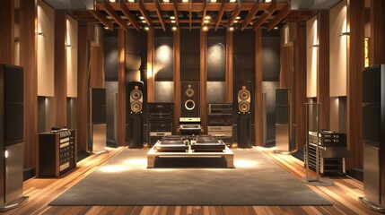 Wall Mural - Immerse Yourself in Luxury HighEnd Audio Showroom with AudiophileGrade Speakers Turntables and Listening Room Setup Business Cards Mockup