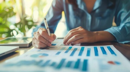 Poster - A persons hand is shown writing on a chart with pen.