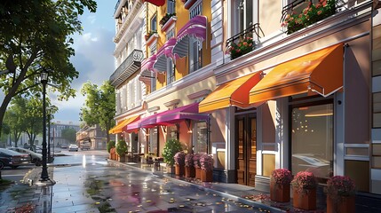 The exterior of a boutique hotel with a charming facade, colorful awnings, and welcoming entrance, inviting guests to experience comfort and hospitality, against a backdrop of bustling city streets an