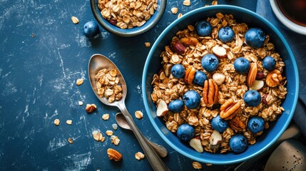 A healthy breakfast or snack option featuring granola, blueberries, and nuts in a bowl